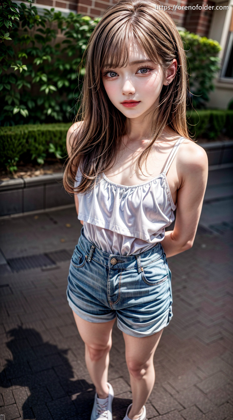 キャミソール, ショートパンツ, スニーカー, デニム, ホットパンツ, ロングヘアー, 生足, 白, 着衣, 野外, 金髪