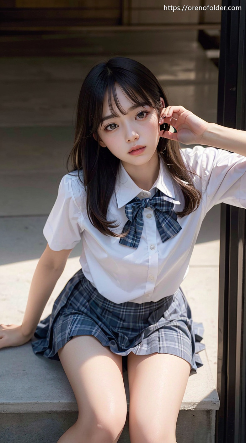 jk, セミロング, ミニスカ, 制服, 夏服, 太もも, 座り, 生足, 着衣, 黒髪