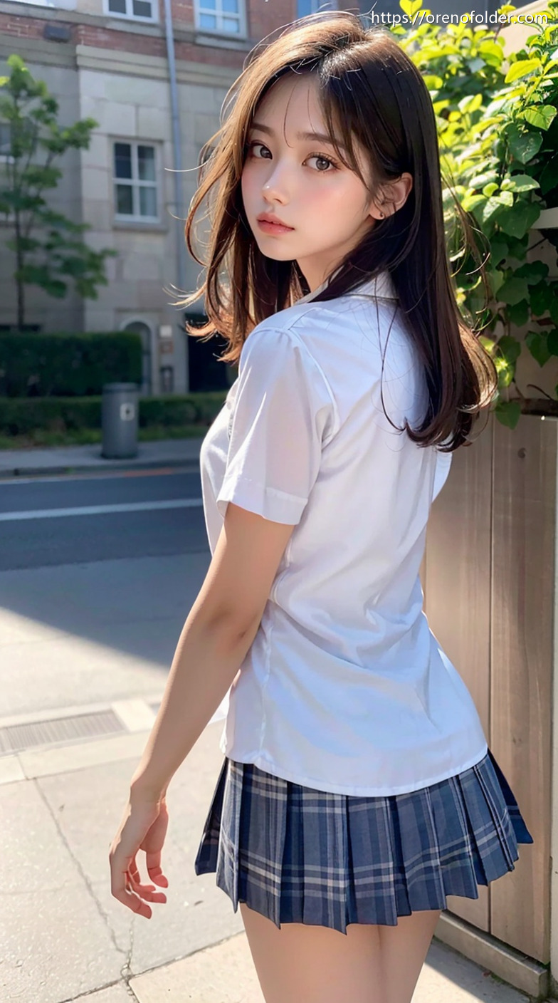jk, セミロング, プリーツスカート, ミニスカ, 制服, 夏服, 後ろ向き, 振り向き, 着衣, 茶髪, 野外