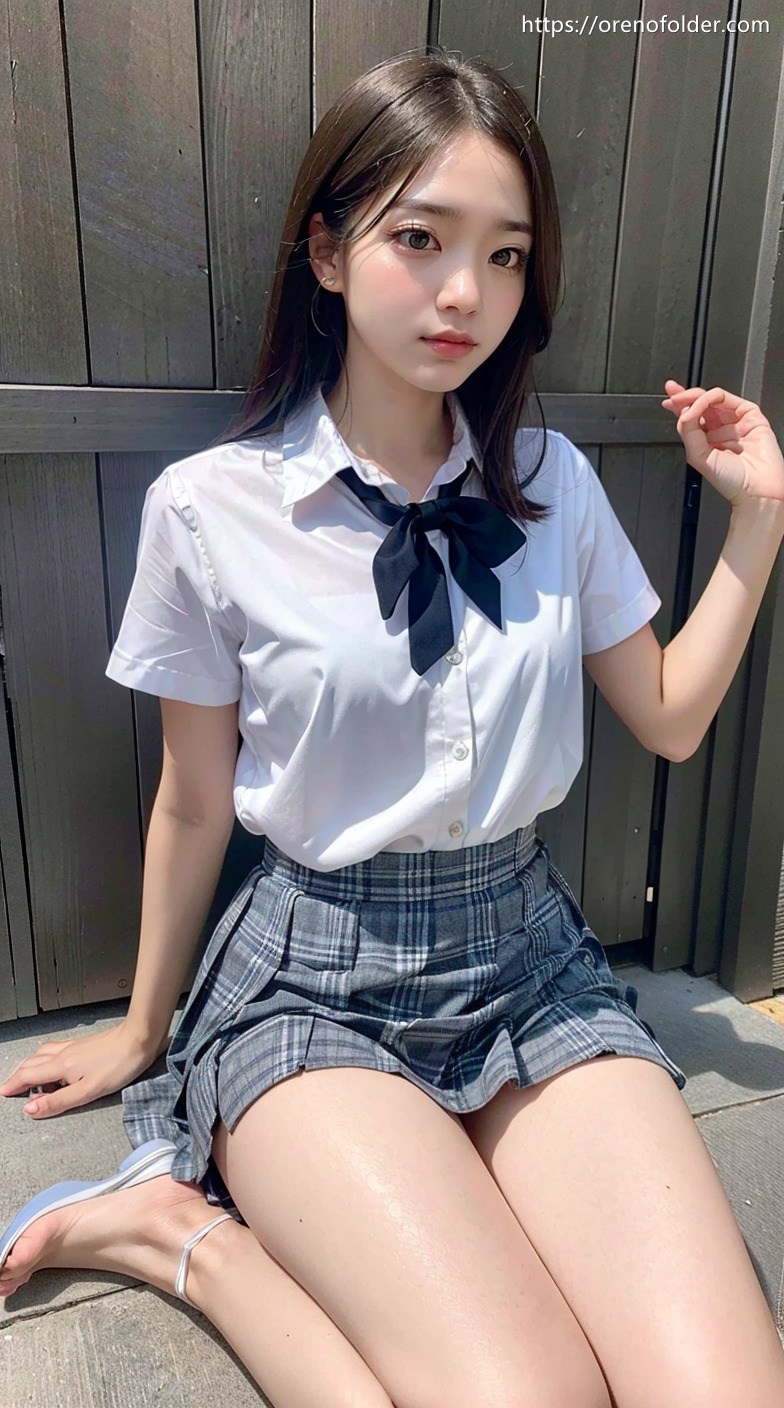 jk, セミロング, プリーツスカート, ミニスカ, 制服, 夏服, 太もも, 座り, 生足, 着衣, 茶髪