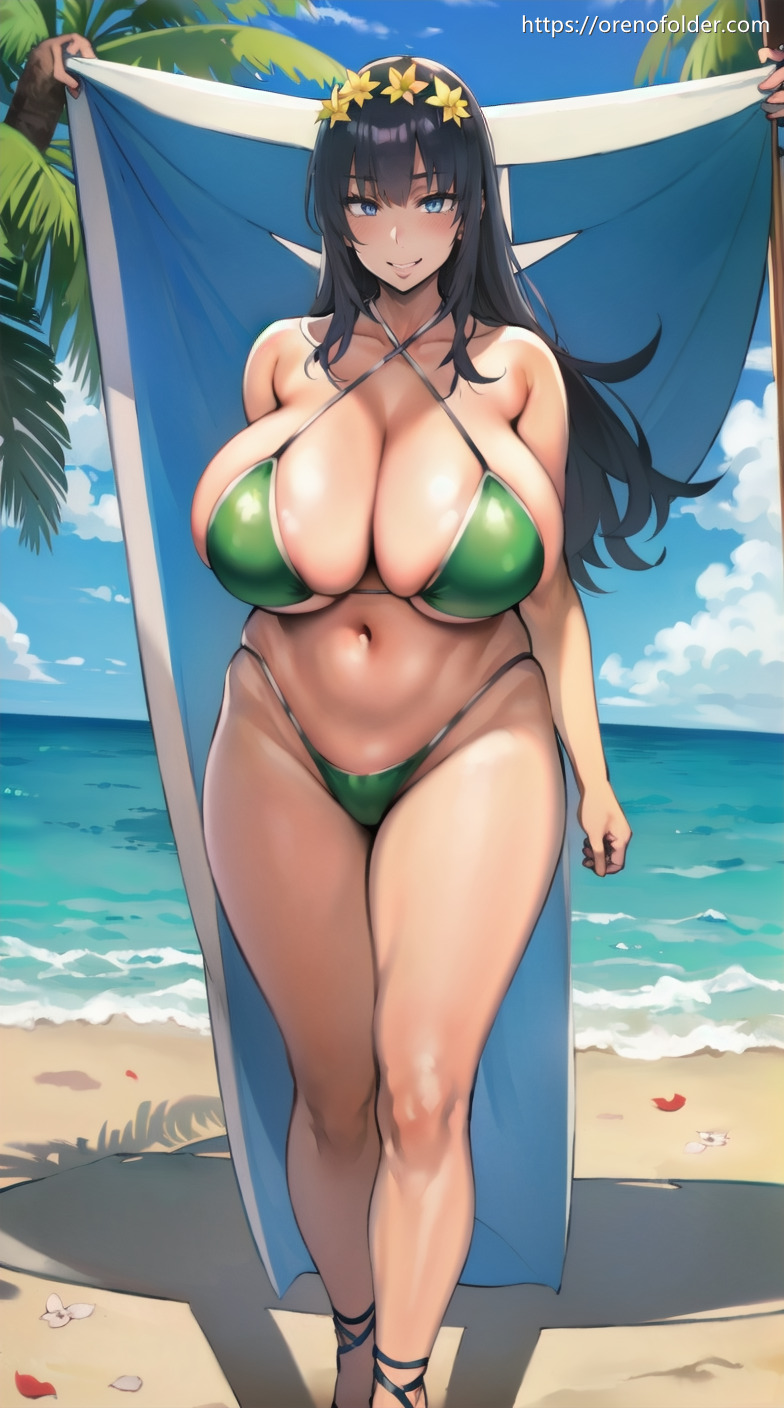 スマイル, 横乳, ビーチ, ビキニ, マイクロビキニ, むちむち, ロングヘアー, 下乳, 巨乳, ハミ乳, 海, 水着, 爆乳, 砂浜, 緑, 花飾り, 谷間, 野外, 髪飾り, 黒髪