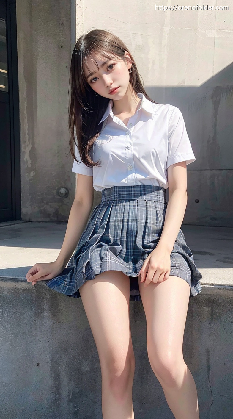 jk, チェック柄, プリーツスカート, ミニスカ, ロングヘアー, 制服, 夏服, 太もも, 座り, 生足, 着衣, 美脚, 茶髪