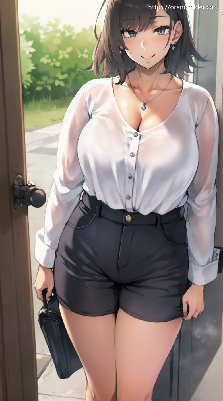 ショートパンツ, スマイル, セミロング, ネックレス, 外ハネ, 巨乳, 爆乳, 白, 着衣, 茶髪, 谷間, 黒