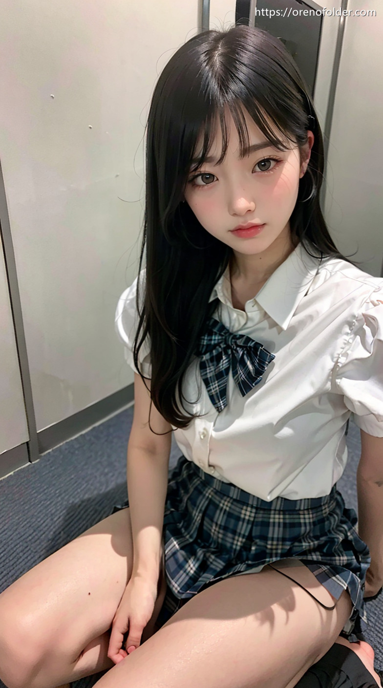 jk, チェック柄, ミニスカ, ロングヘアー, 制服, 夏服, 太もも, 座り, 生足, 着衣, 蝶ネクタイ, 黒髪