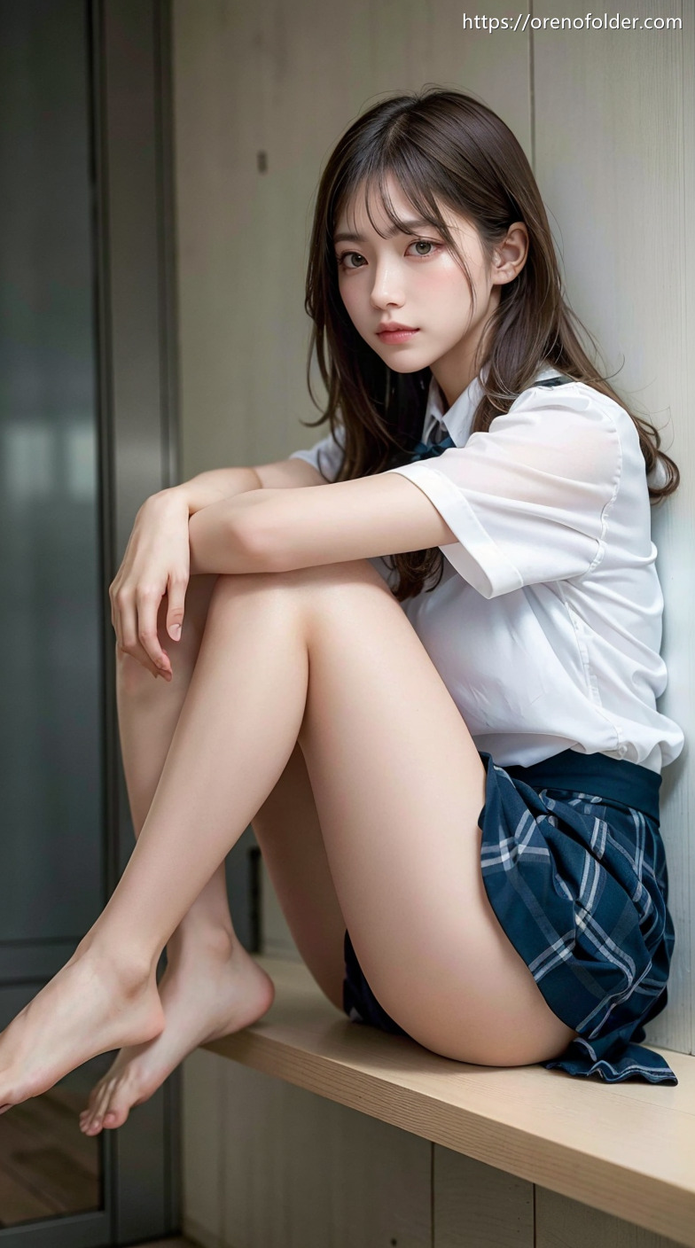 jk, セミロング, チェック柄, ミニスカ, 制服, 夏服, 座り, 生足, 着衣, 立膝, 美脚, 茶髪, 裸足