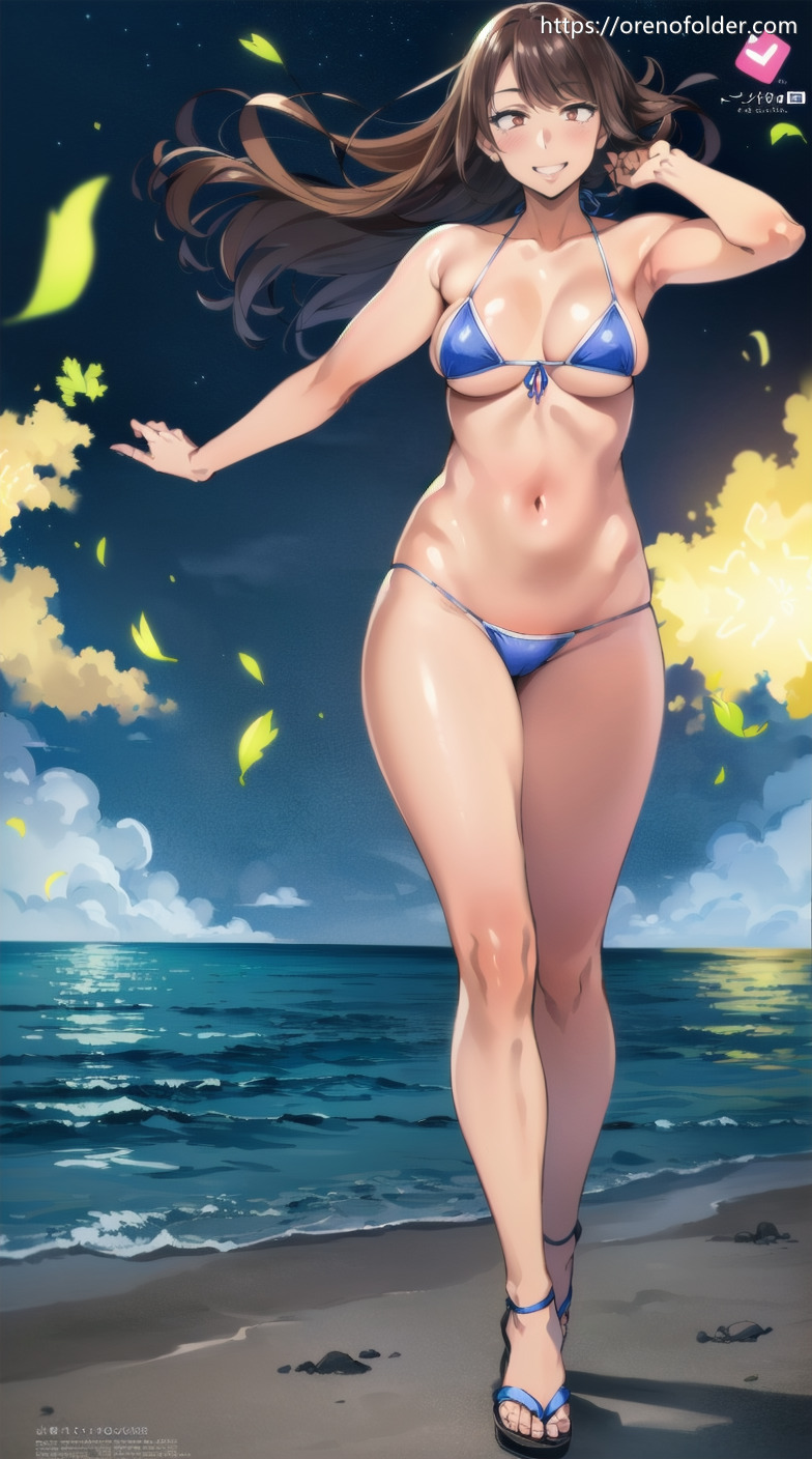 エフェクト, ハミ乳, ビーチ, ビキニ, ファンタジー, マイクロビキニ, ロングヘアー, 下乳, 夜, 巨乳, 横乳, 水着, 海, 片手上げ, 砂浜, 美脚, 茶髪, 野外, 風