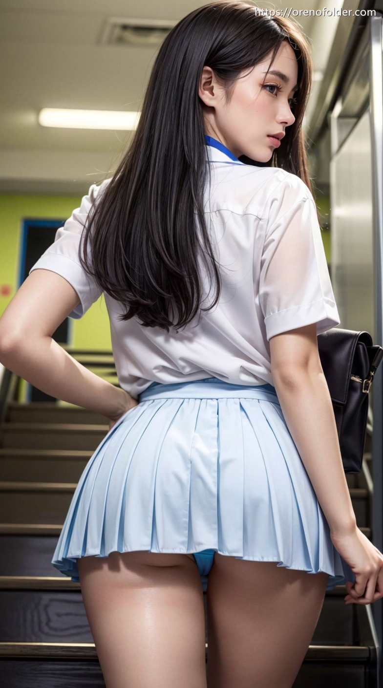 パンチラ, プリーツスカート, ミニスカ, ローアングル, ロングヘアー, 下尻, 後ろ向き, 振り向き, 水色, 白, 着衣, 階段, 黒髪