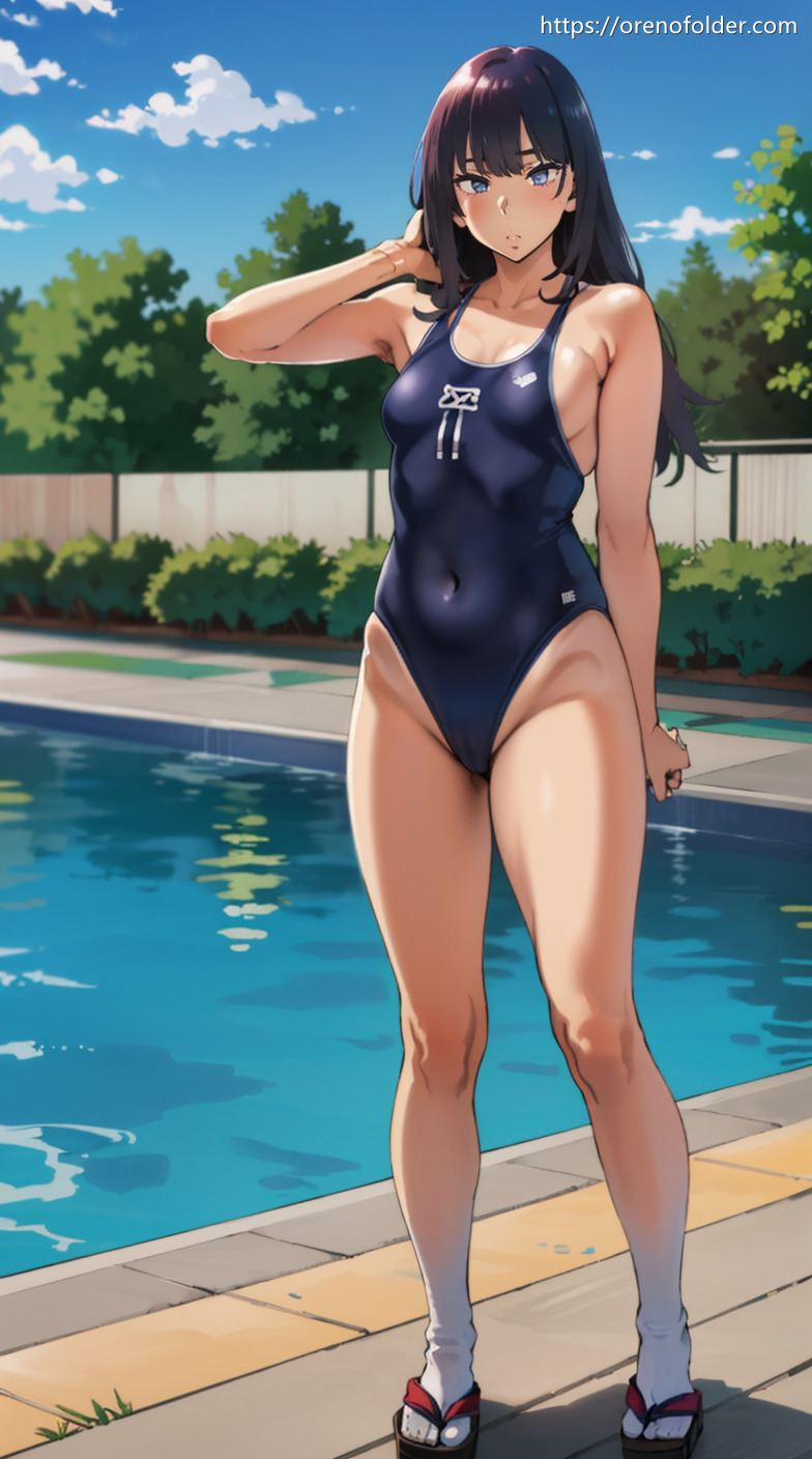 スクール水着, ハイレグ, プール, マンスジ, ロングヘアー, 前髪ぱっつん, 微乳, 新型スクール水着, 水着, 競泳水着, 紺, 野外, 黒髪