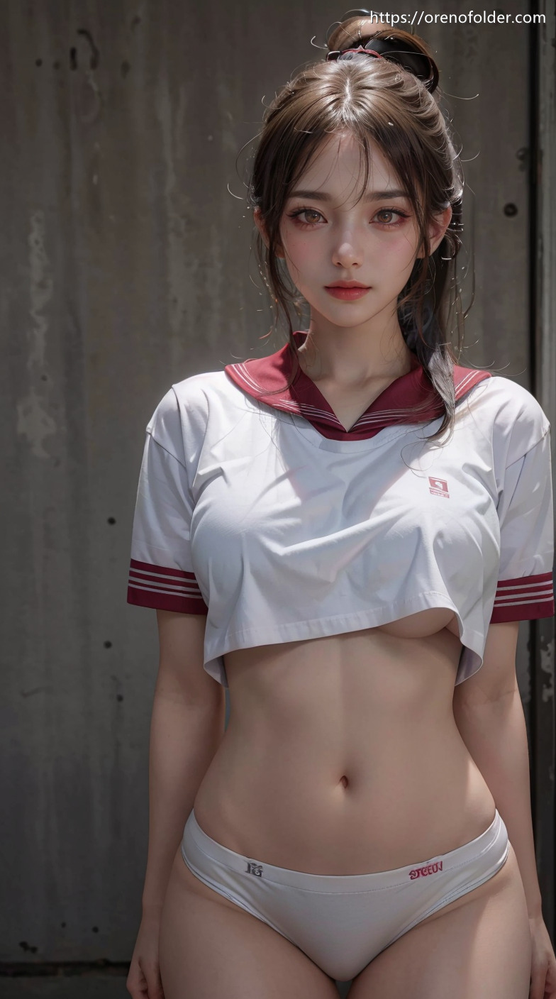 セーラー服, パンツ, パンティ, へそ, ポニーテール, 下乳, 半脱ぎ, 夏服, 巨乳, 白, 茶髪
