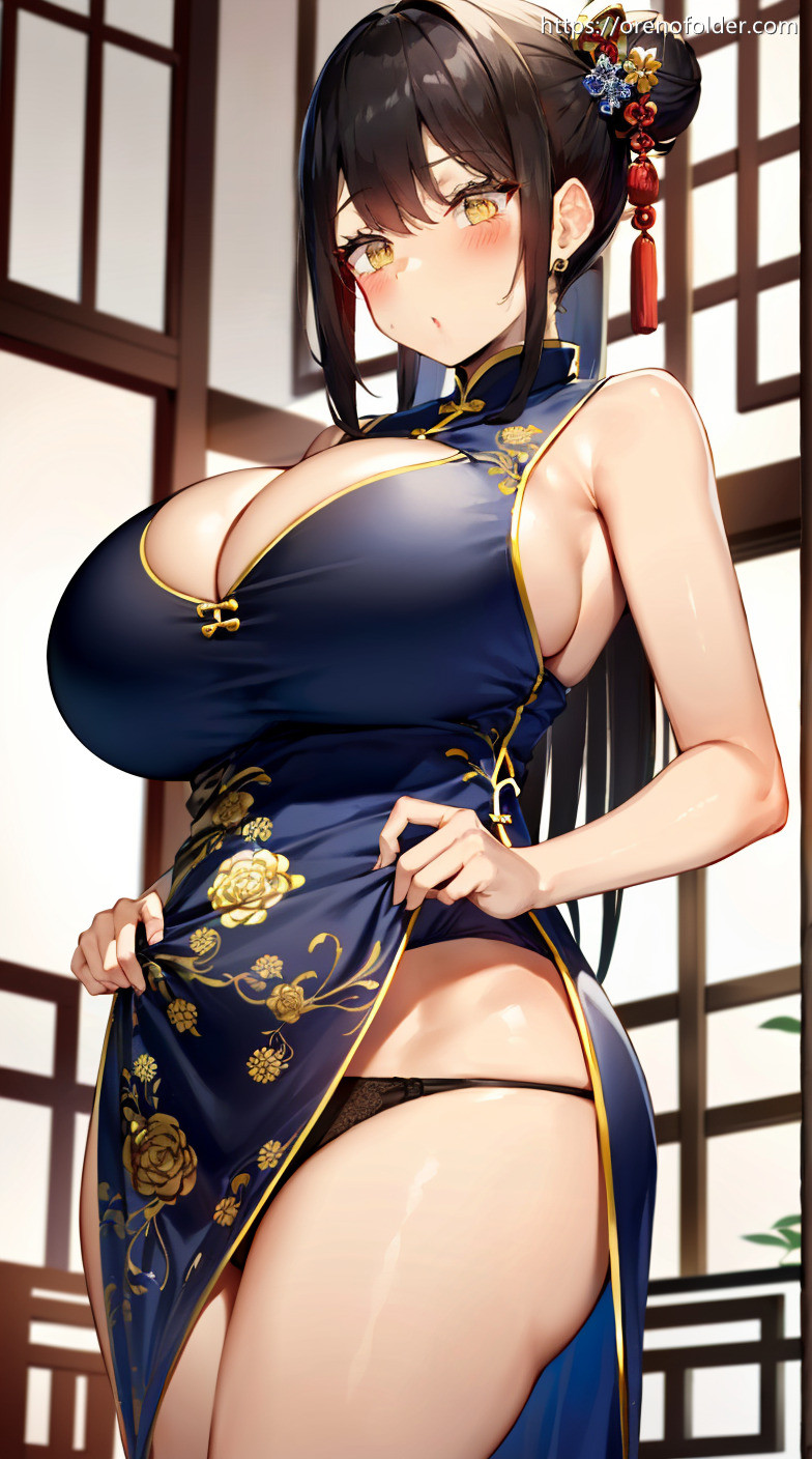 お団子ヘアー, スリット, チャイナドレス, パンチラ, パンツ, パンティ, 巨乳, 照れ, 爆乳, 着衣, 腋パイ, 花柄, 谷間, 髪飾り, 黒, 黒髪