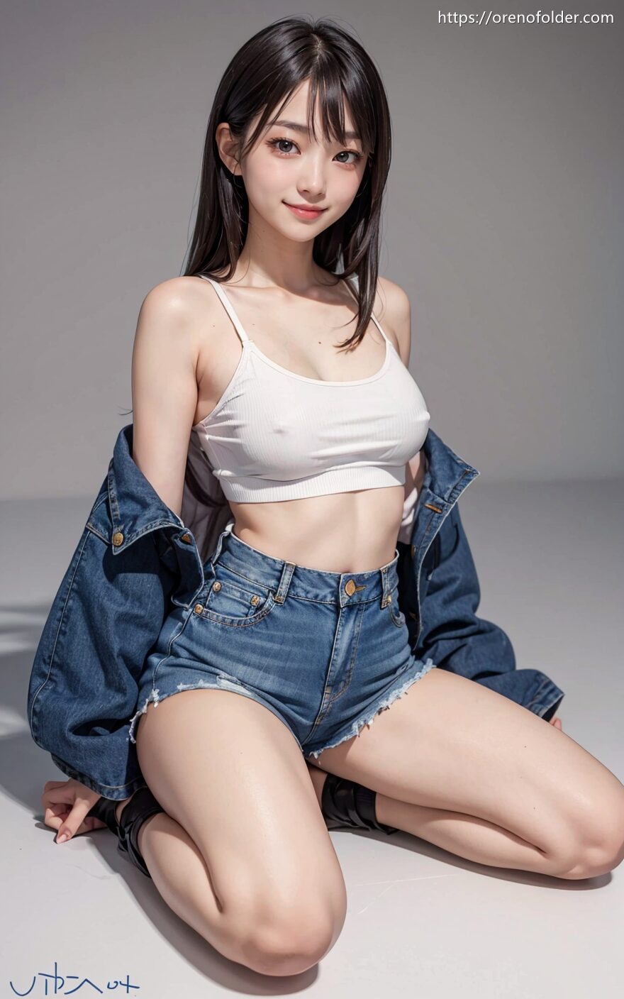 ジーンズ, ジャケット, ショートパンツ, スポーツブラ, スマイル, デニム, ノーブラ, ホットパンツ, ロングヘアー, 乳首ポチ, 太もも, 座り, 微乳, 生足, 白, 着衣, 美脚, 胸ポチ, 黒髪