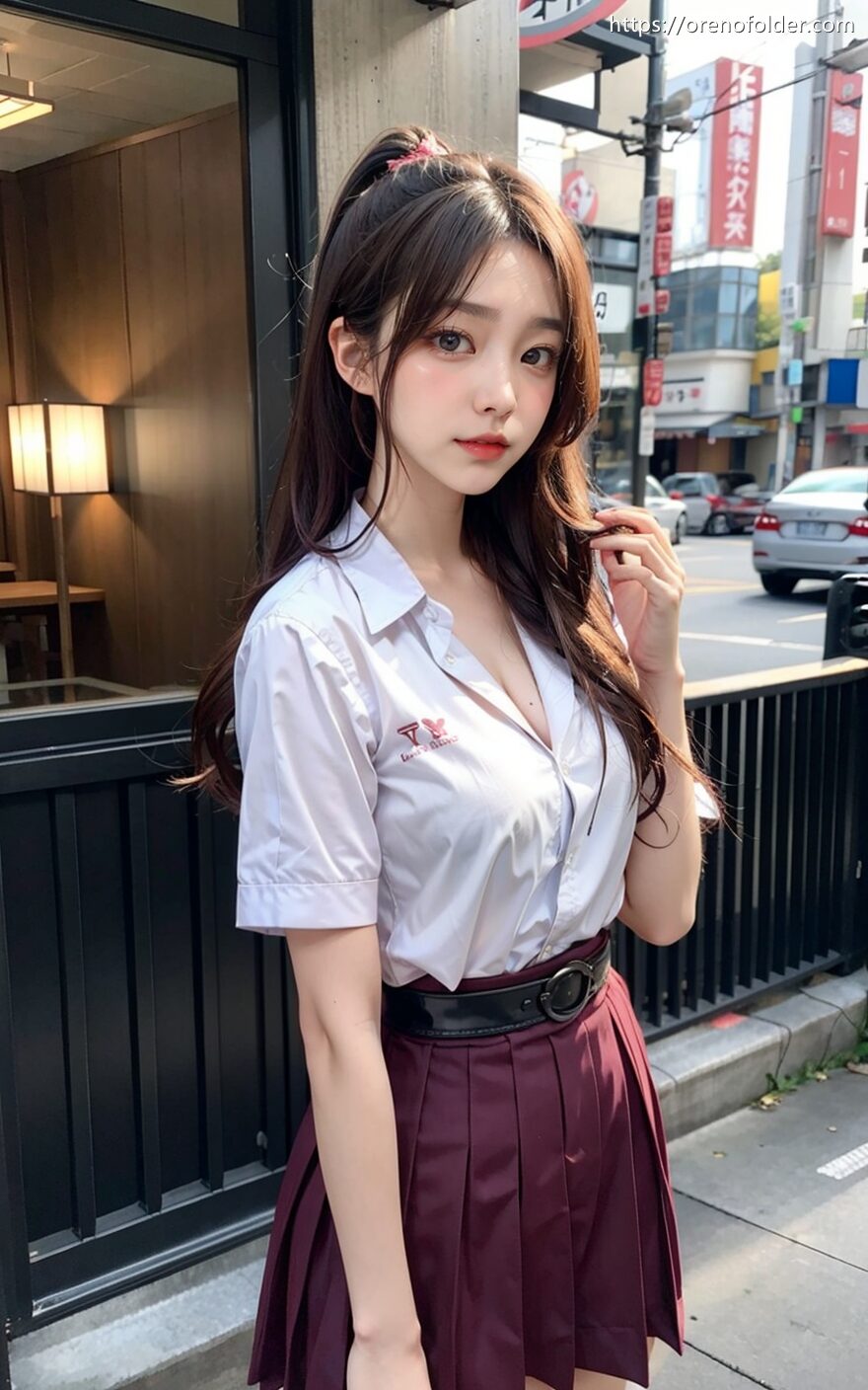 jk, プリーツスカート, ミニスカ, 制服, 白, 着衣, 茶髪, 野外