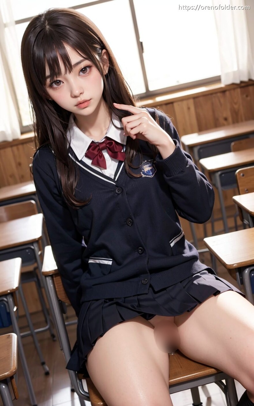 jk, ノーパン, プリーツスカート, ミニスカ, ロングヘアー, 制服, 太もも, 座り, 生足, 着衣, 茶髪