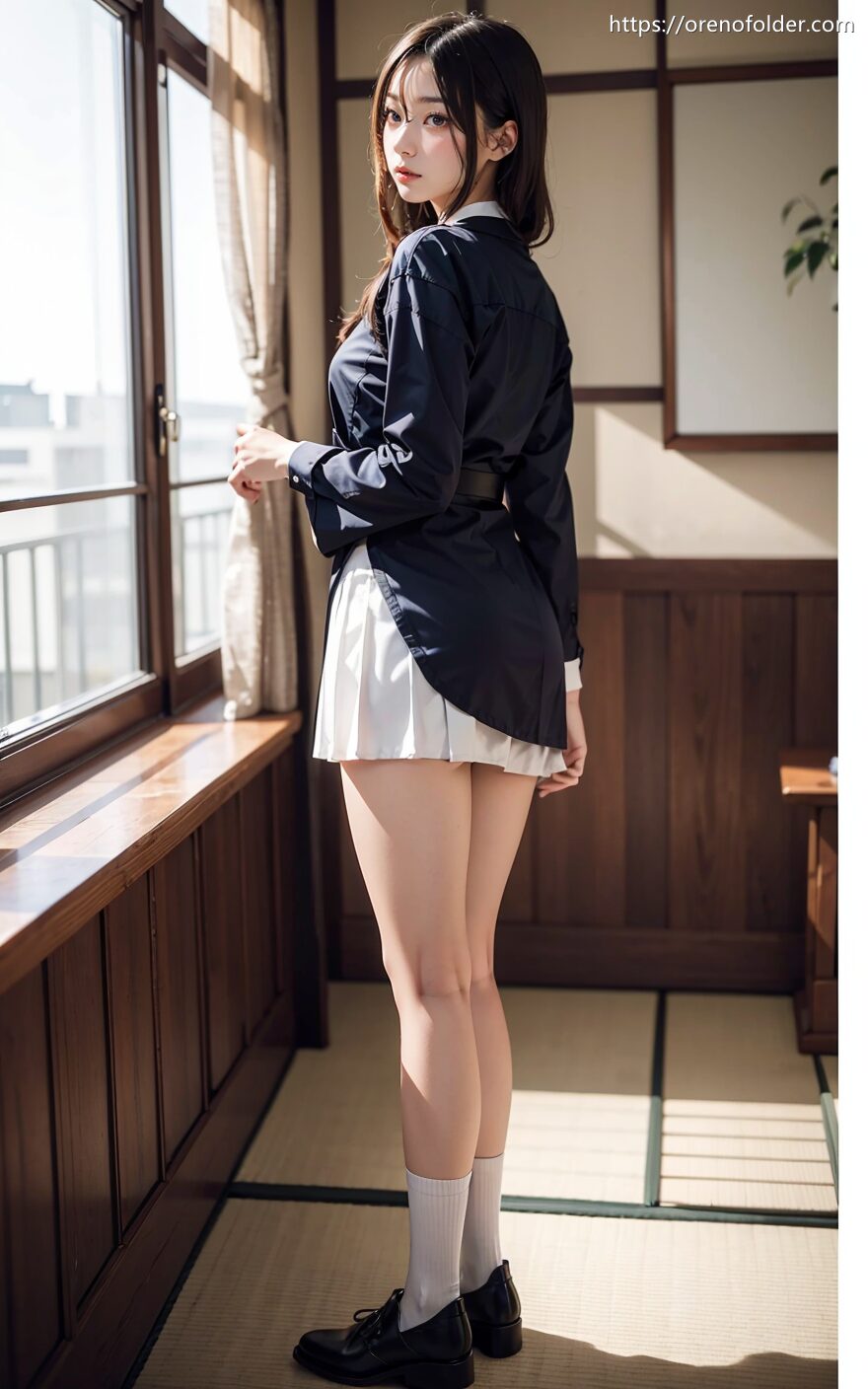 jk, セミロング, プリーツスカート, ミニスカ, 制服, 後ろ向き, 振り向き, 白, 着衣, 美脚, 黒髪