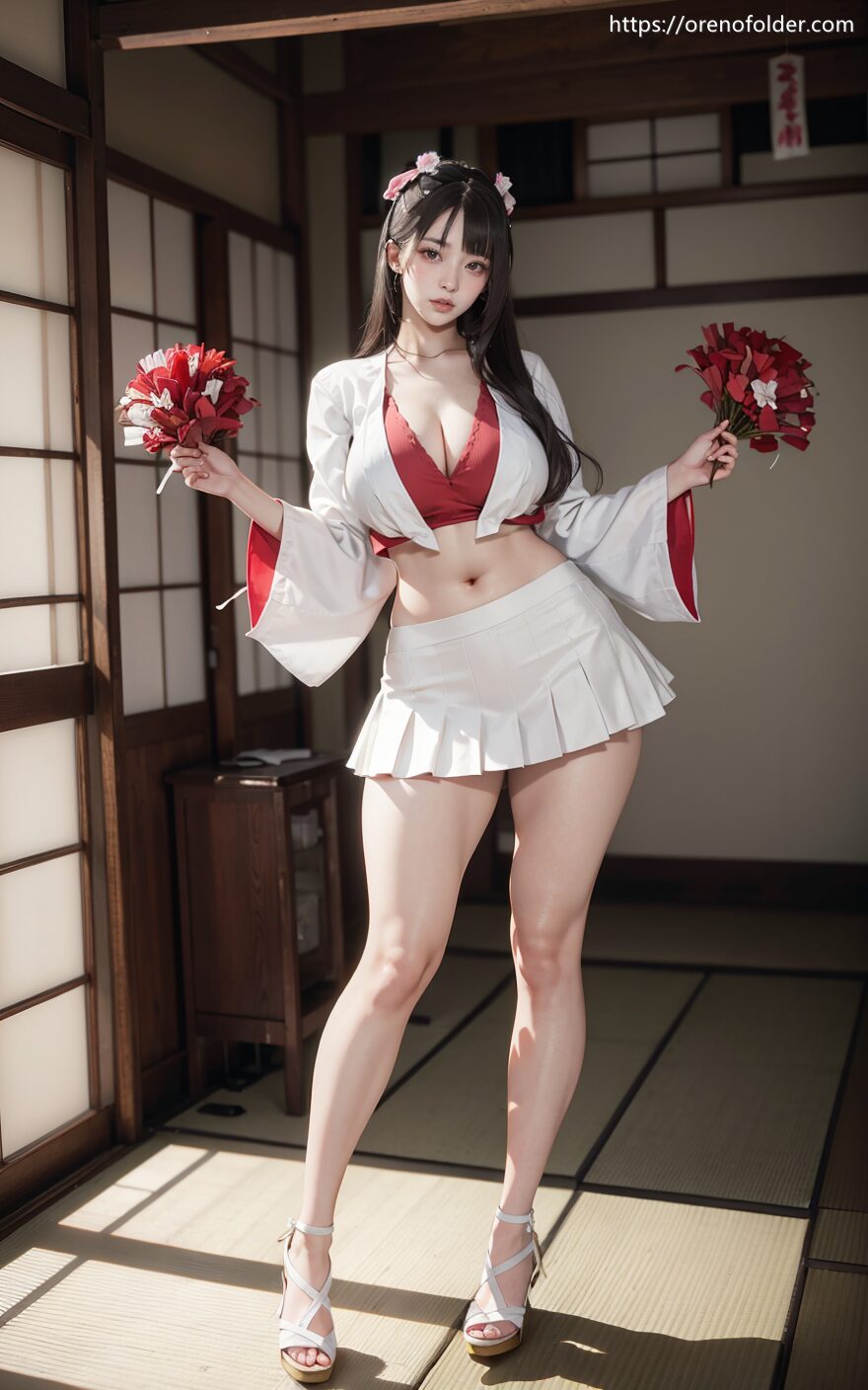 チアガール, チアリーダー, プリーツスカート, へそチラ, ボンボン, ミニスカ, ロングヘアー, 巨乳, 爆乳, 白, 着衣, 美脚, 茶髪, 谷間, 赤
