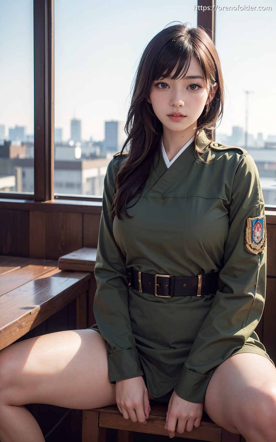 コスプレ, ロングヘアー, 制服, 太もも, 座り, 生足, 着衣, 緑, 茶髪, 軍服, 開脚