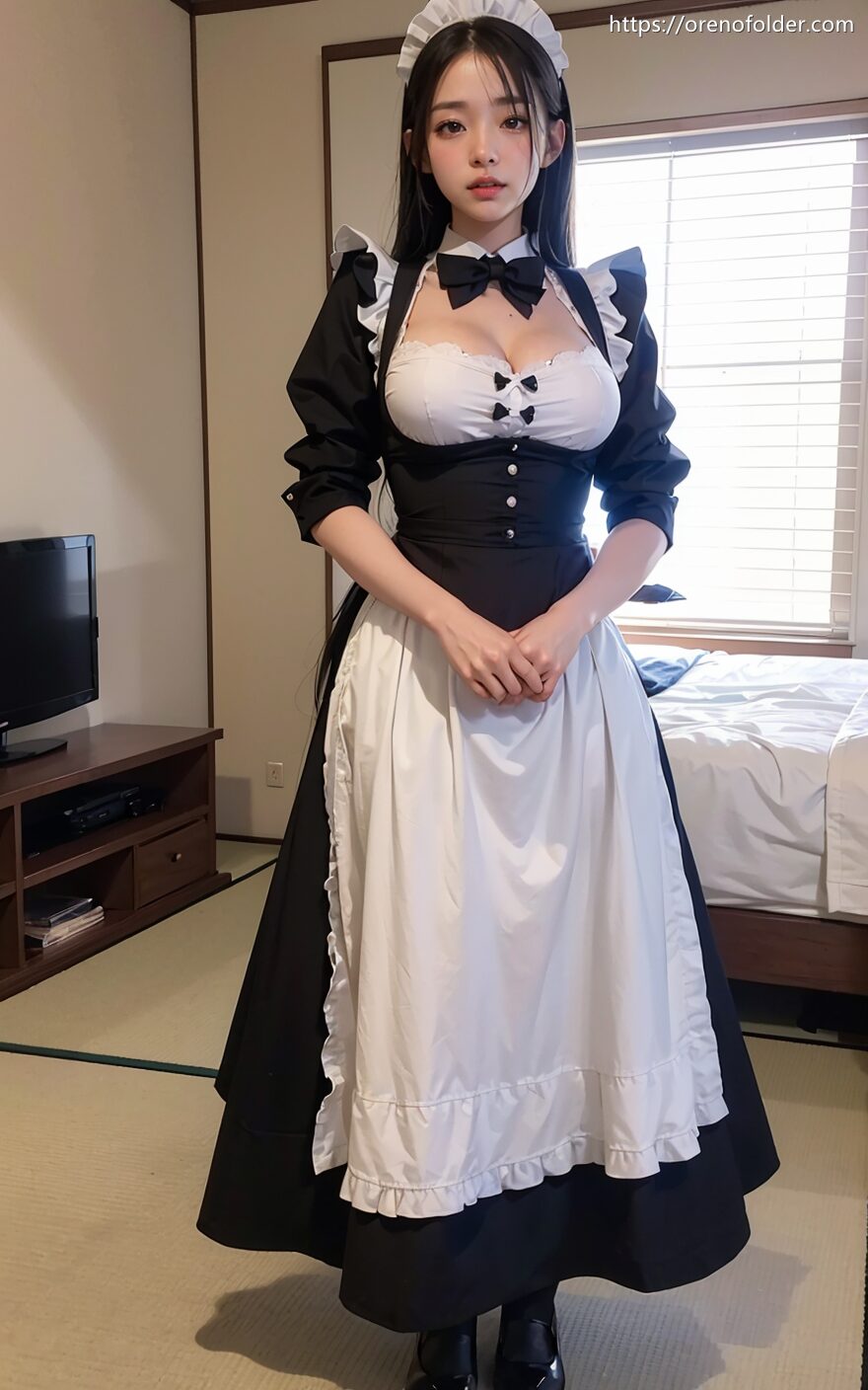 エプロン, コスプレ, メイド, メイドカチューシャ, ロングヘアー, 巨乳, 白, 着衣, 谷間, 黒, 黒髪
